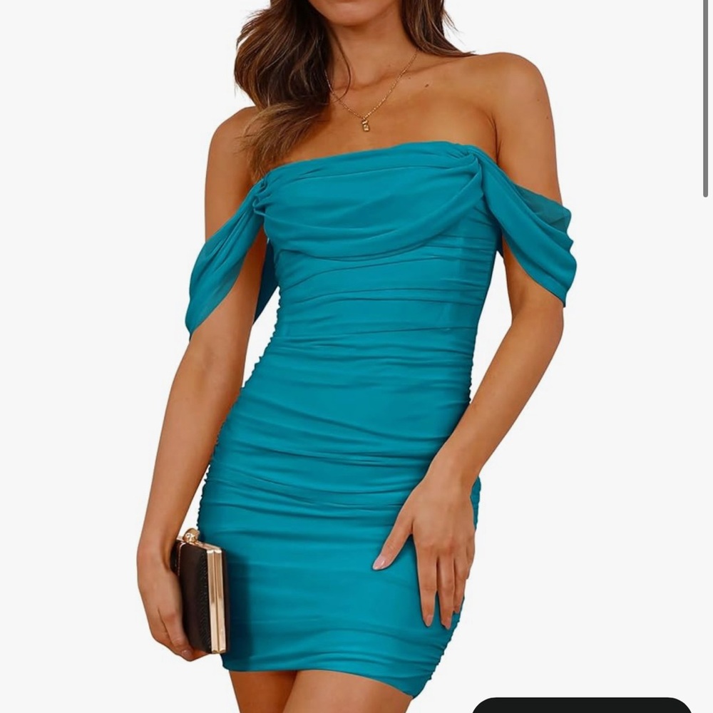 Elegant Teal Off-Shoulder Dress (Medium)